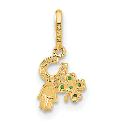 10K Yellow Gold 10K Polished Clover Horseshoe Hamsa Cz Luck Pendant