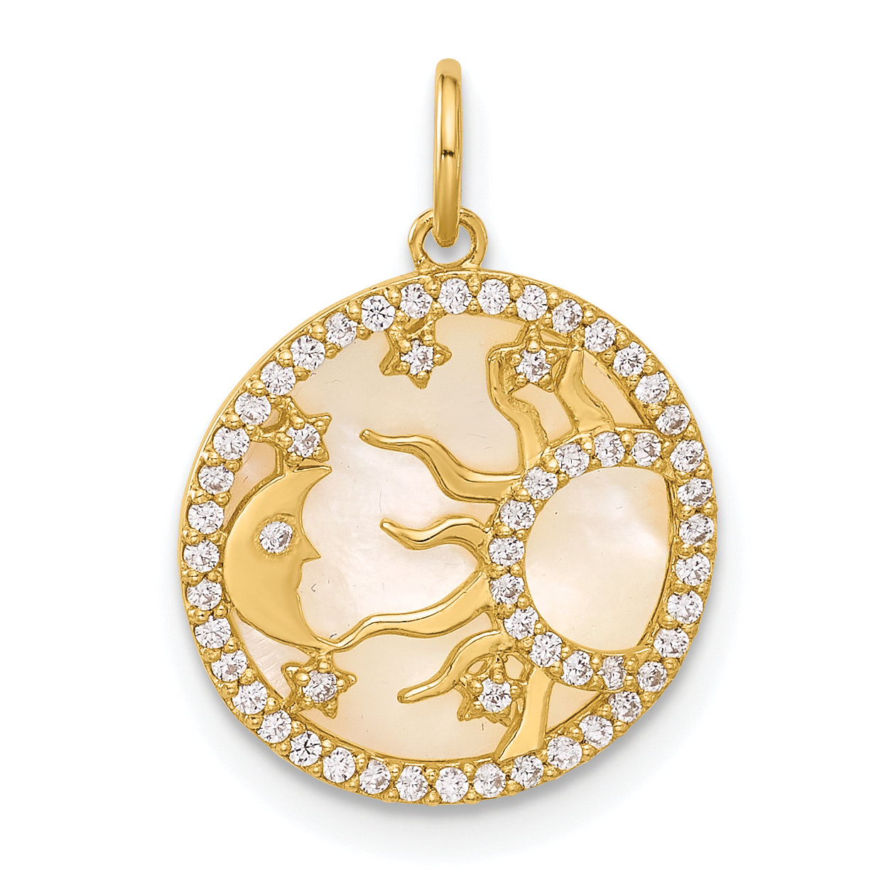 10K Yellow Gold 10K Polished Cz And Mother Of Pearl Sun Moon Stars Disc Charm