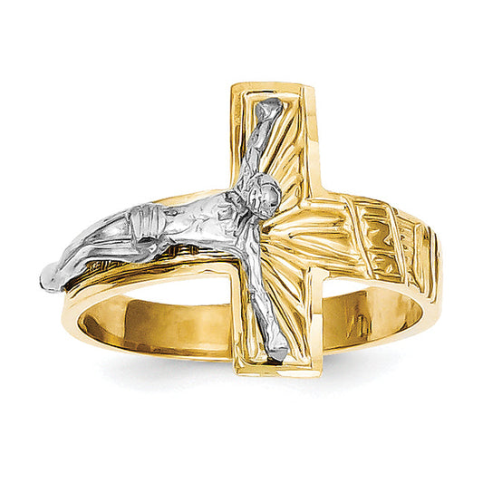 10K Two-Tone Polished & Diamond-Cut Mens Crucifix Ring