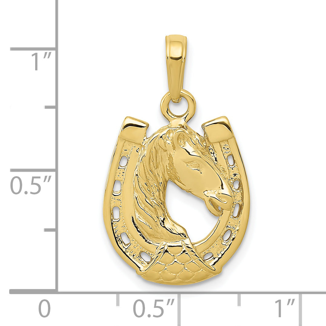 10K Yellow Gold Solid Polished Horse Head In Horseshoe Pendant