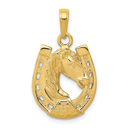 10K Yellow Gold Solid Polished Horse Head In Horseshoe Pendant