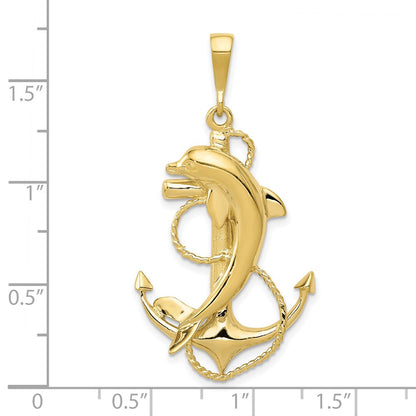 10K Yellow Gold Solid Polished Anchor With Dolphin Pendant