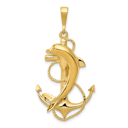 10K Yellow Gold Solid Polished Anchor With Dolphin Pendant