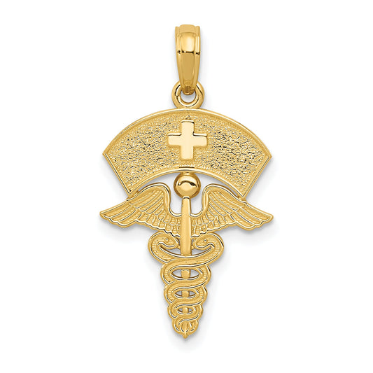 10K Yellow Gold Caduceus W/Nurses Cap Pendant