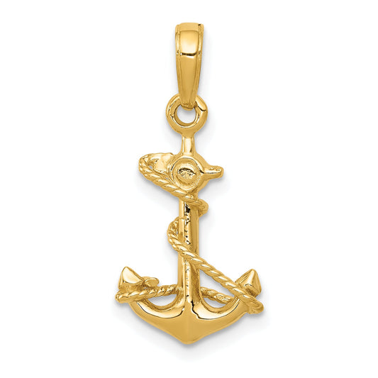 10K Yellow Gold 3-D Anchor With Rope Pendant