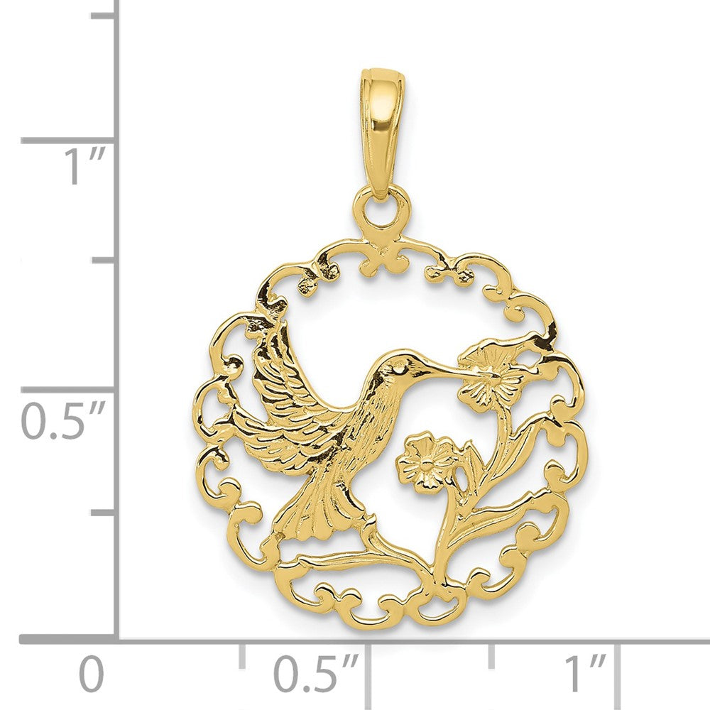 10K Yellow Gold Hummingbird In Round Frame Pendant