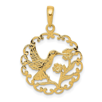 10K Yellow Gold Hummingbird In Round Frame Pendant