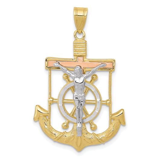 10K Tri Color Tri-Color Diamond-Cut W/Textured Mariner'S Cross Pendant