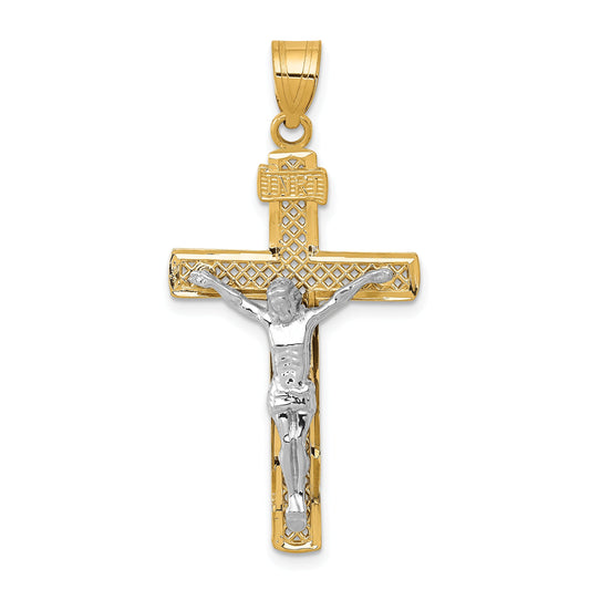10K Two-Tone 10K D/C Large Block Lattice Cross W/Crucifix Pendant