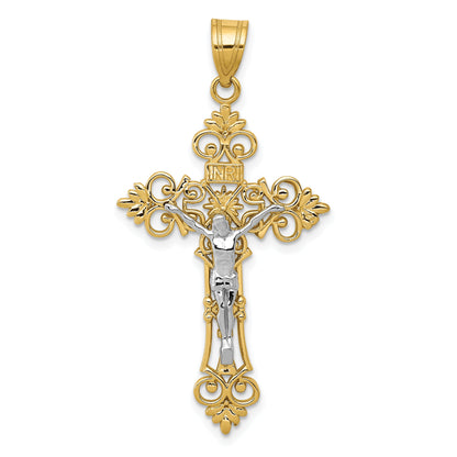 10K Two-Tone 10K Large Lacey-Edged Inri Crucifix Pendant