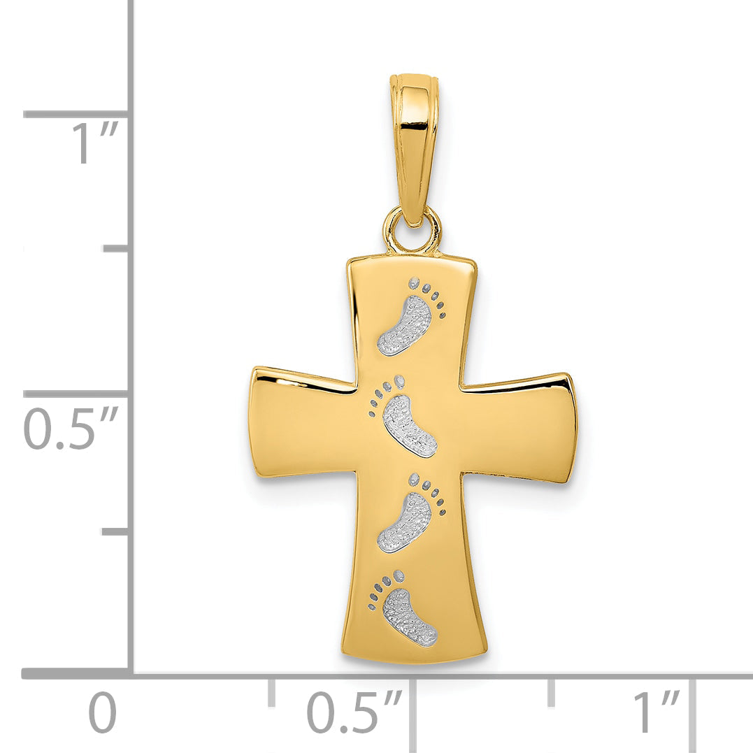 10K Yellow W/Rhodium 10K W/ Rhodium Cross W/Footprints Pendant