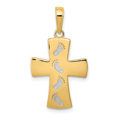 10K Yellow W/Rhodium 10K W/ Rhodium Cross W/Footprints Pendant