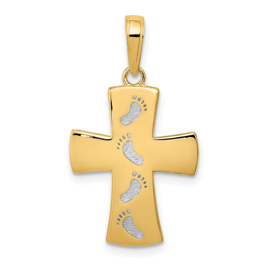 10K Yellow W/Rhodium 10K W/ Rhodium Cross W/Footprints Pendant