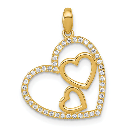10K Yellow Gold Polished Cz Heart With Two Hearts Inside Pendant