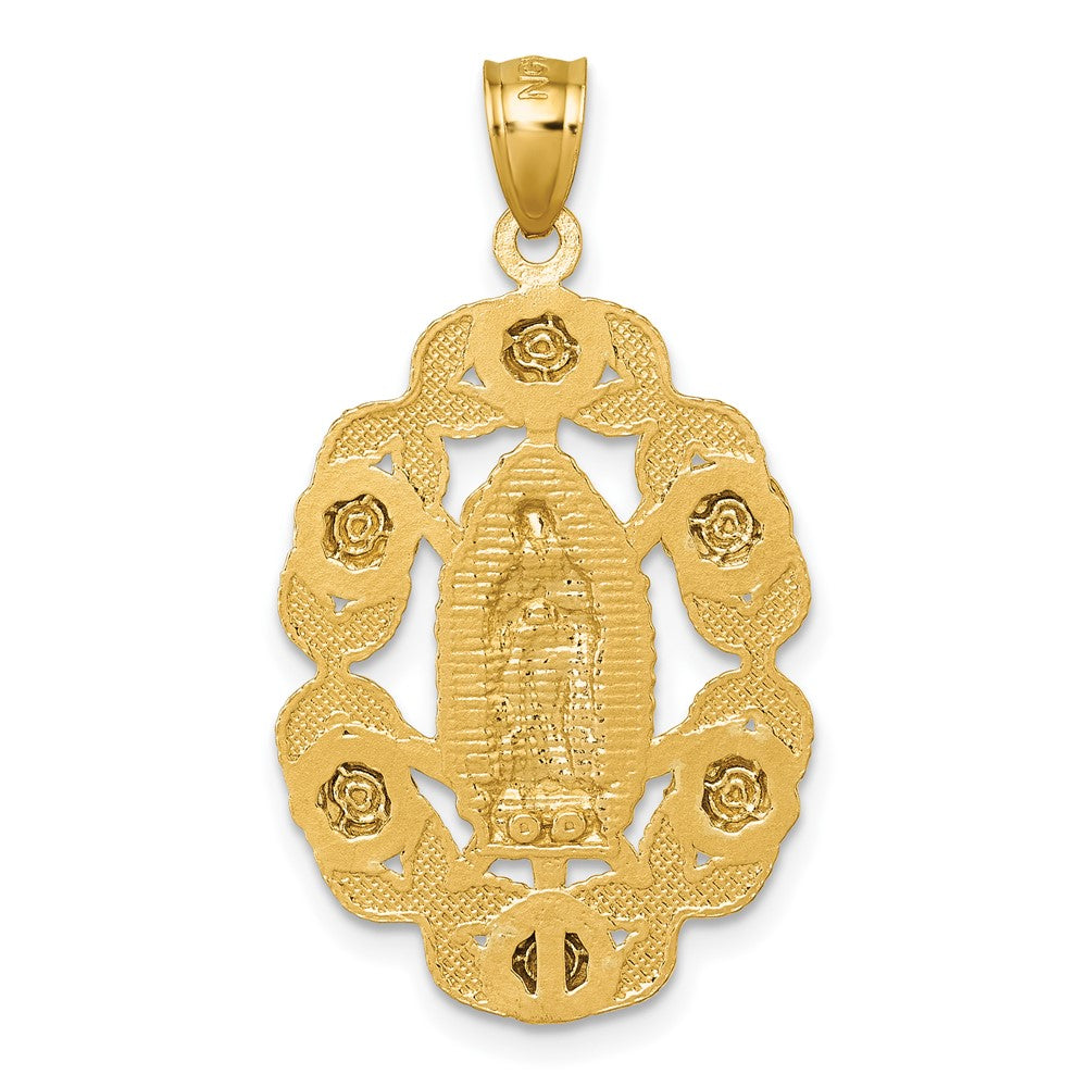 10K Yellow Gold Polished Diamond-Cut Our Lady Of Guadalupe With Flowers Medal Pendant