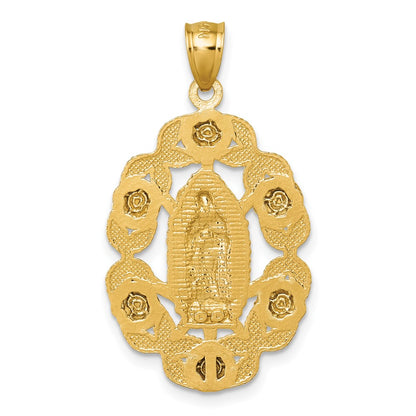 10K Yellow Gold Polished Diamond-Cut Our Lady Of Guadalupe With Flowers Medal Pendant