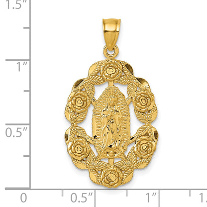 10K Yellow Gold Polished Diamond-Cut Our Lady Of Guadalupe With Flowers Medal Pendant