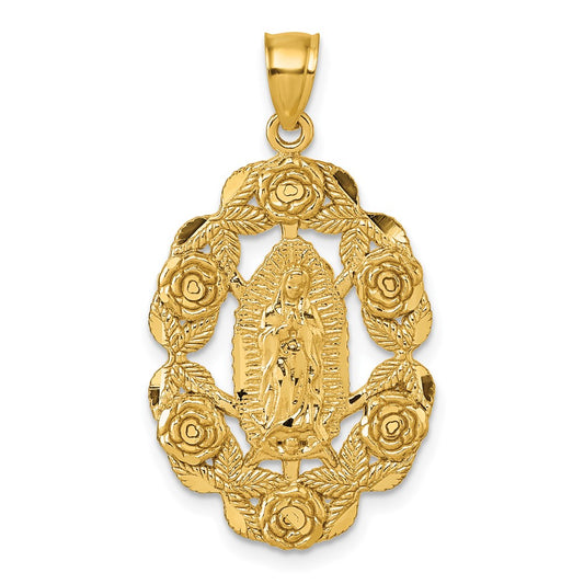 10K Yellow Gold Polished Diamond-Cut Our Lady Of Guadalupe With Flowers Medal Pendant