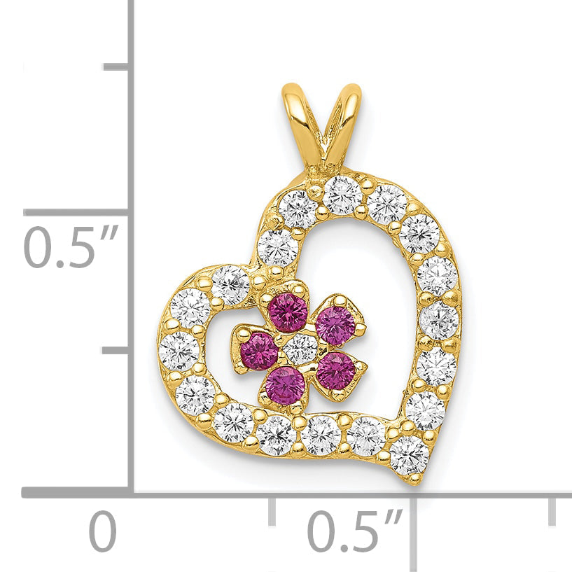 10K Yellow Gold Cz Heart & Flower Pendant