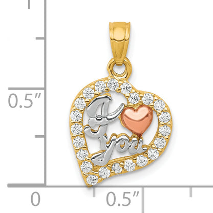 10K Two-Tone W/White Rhodium I Love You Cz Heart Pendant