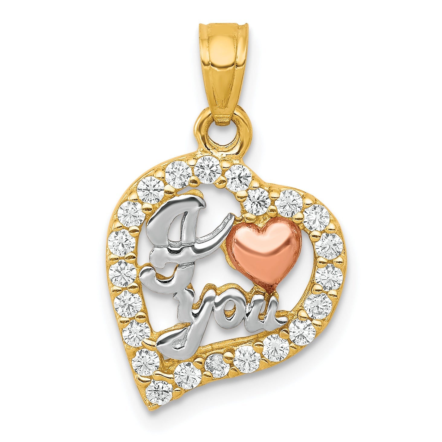 10K Two-Tone W/White Rhodium I Love You Cz Heart Pendant