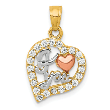 10K Two-Tone W/White Rhodium I Love You Cz Heart Pendant