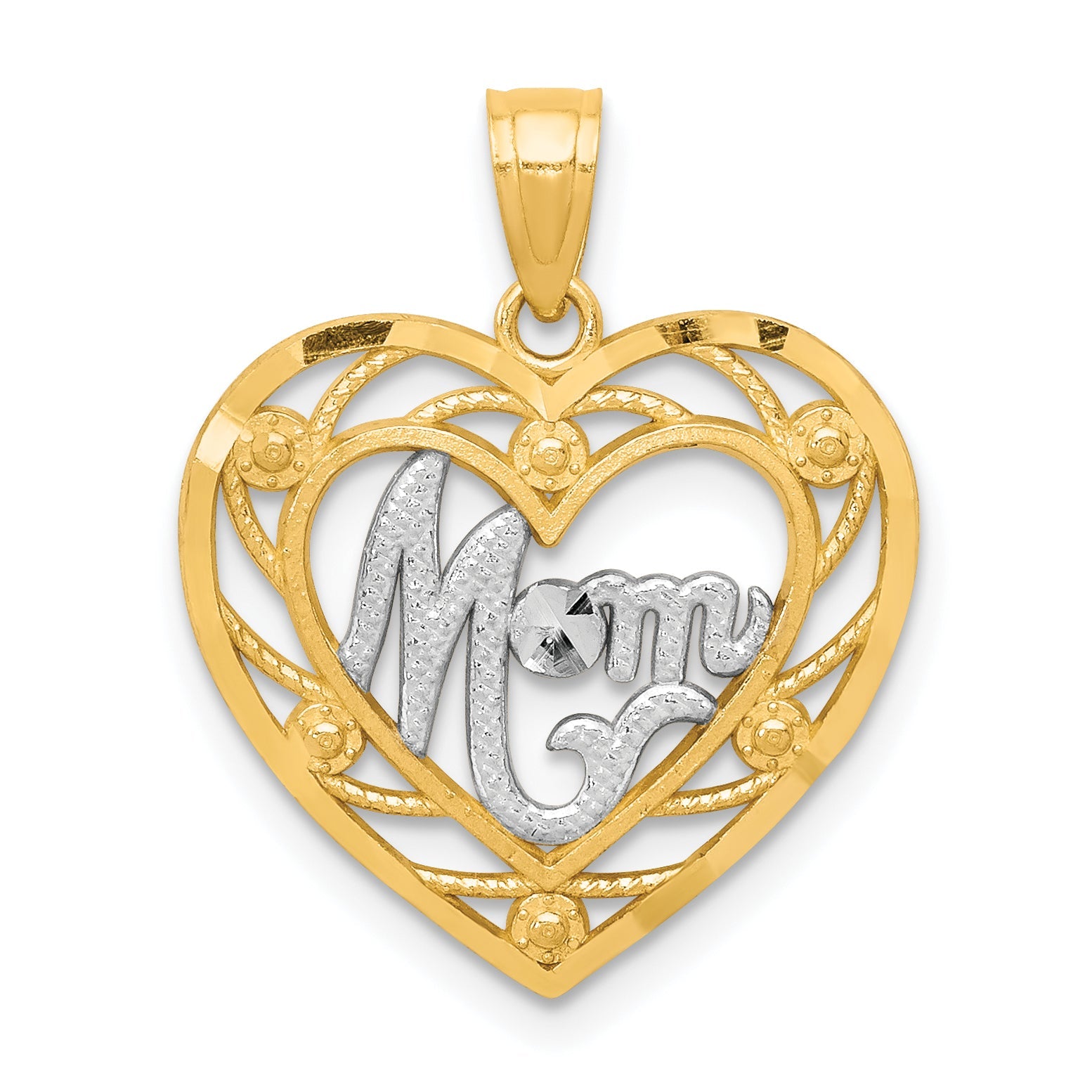 10K Yellow W/Rhodium & Rhodium Mom Heart Charm