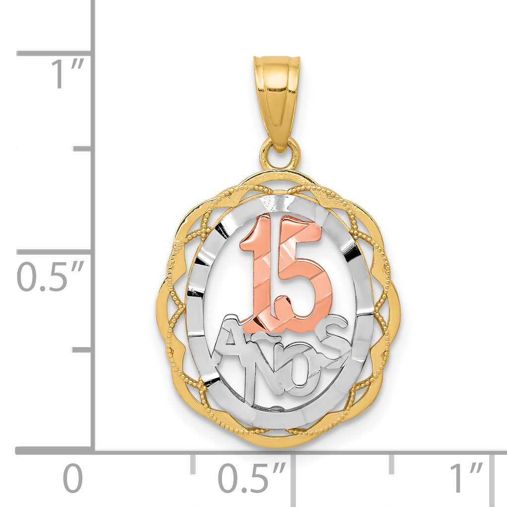 10K Two-Tone W/White Rhodium Sweet 15 Anos Oval Pendant