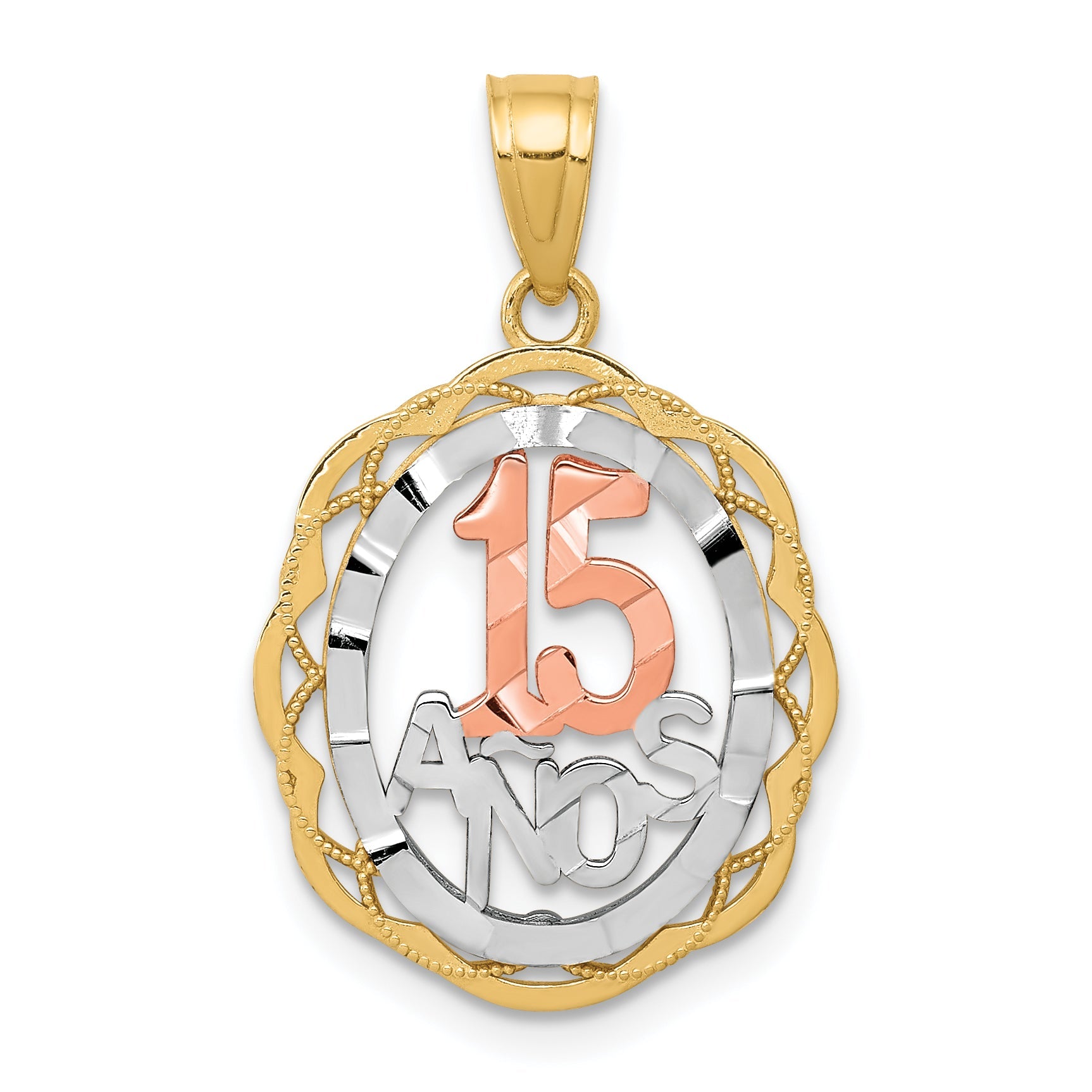 10K Two-Tone W/White Rhodium Sweet 15 Anos Oval Pendant