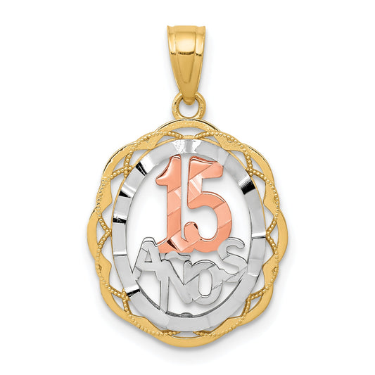 10K Two-Tone W/White Rhodium Sweet 15 Anos Oval Pendant
