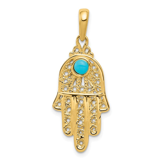 10K Yellow Gold Turquoise Filigree Chamseh Pendant