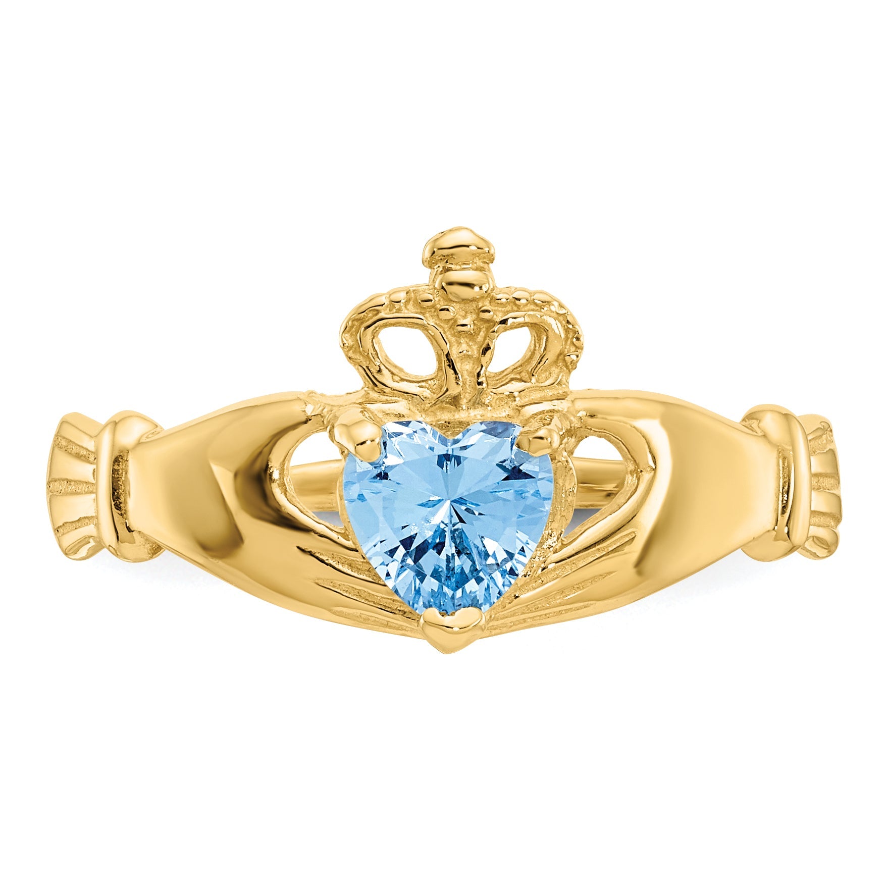 10K Yellow Gold Cz March Birthstone Claddagh Heart Ring