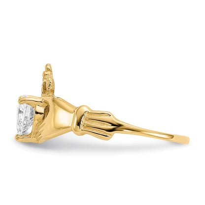 10K Yellow Gold Cz April Birthstone Claddagh Heart Ring
