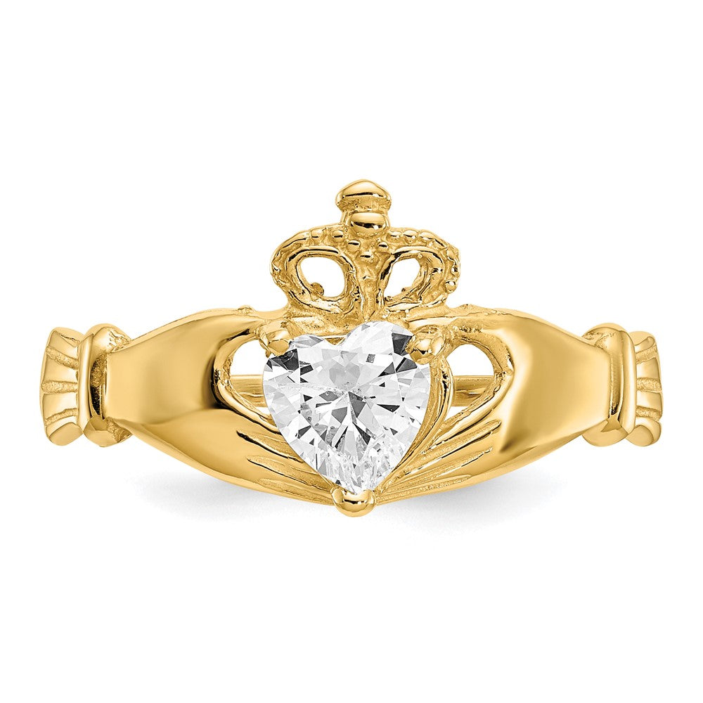 10K Yellow Gold Cz April Birthstone Claddagh Heart Ring