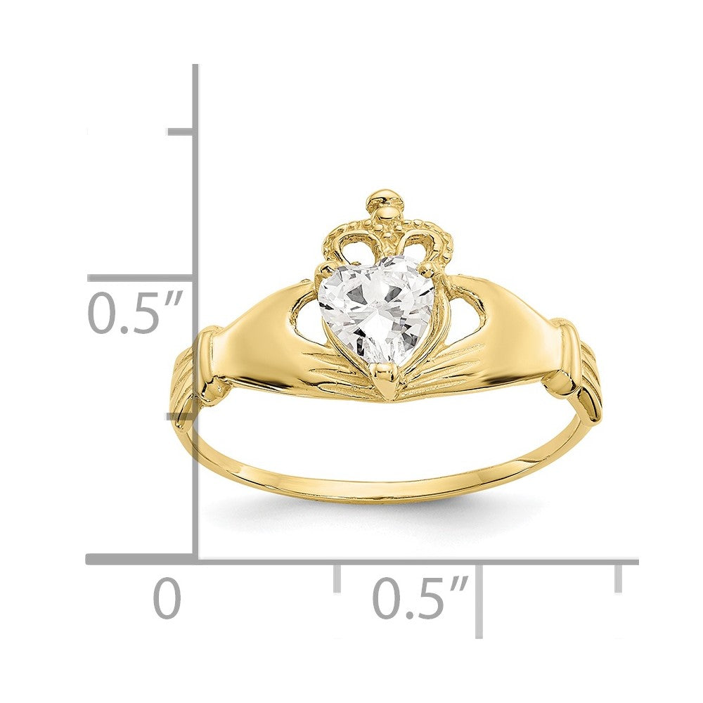 10K Yellow Gold Cz April Birthstone Claddagh Heart Ring