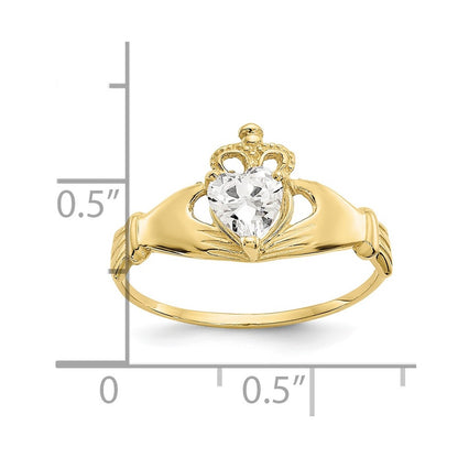10K Yellow Gold Cz April Birthstone Claddagh Heart Ring
