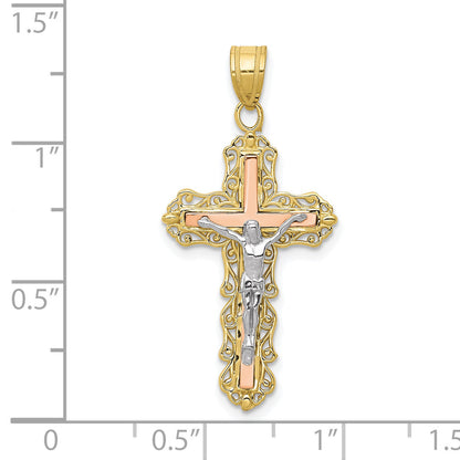 10K Tri Color 10K Tri-Color Diamond-Cut Crucifix Pendant
