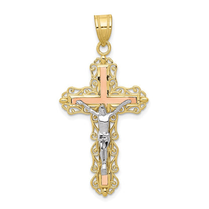 10K Tri Color 10K Tri-Color Diamond-Cut Crucifix Pendant