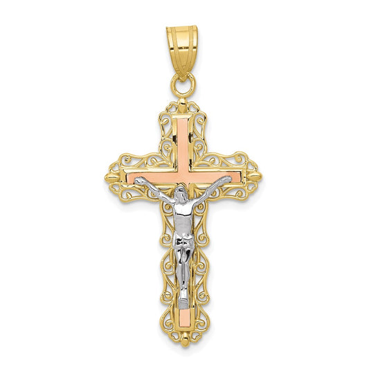 10K Tri Color 10K Tri-Color Diamond-Cut Crucifix Pendant