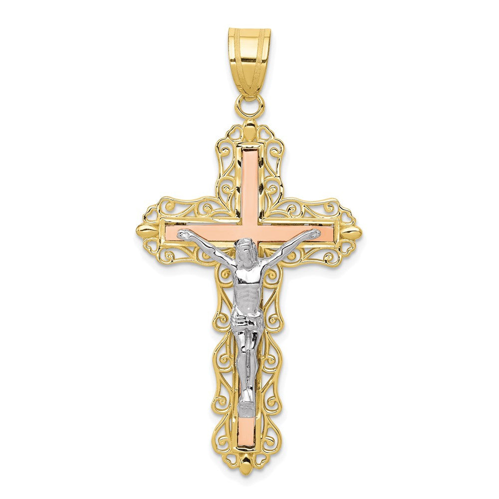 10K Tri Color 10K Tri-Color Diamond-Cut Crucifix Pendant
