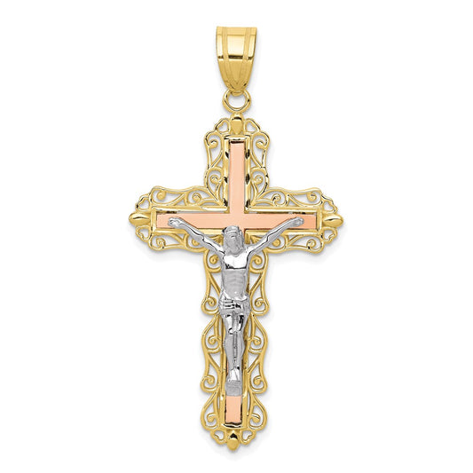 10K Tri Color 10K Tri-Color Diamond-Cut Crucifix Pendant