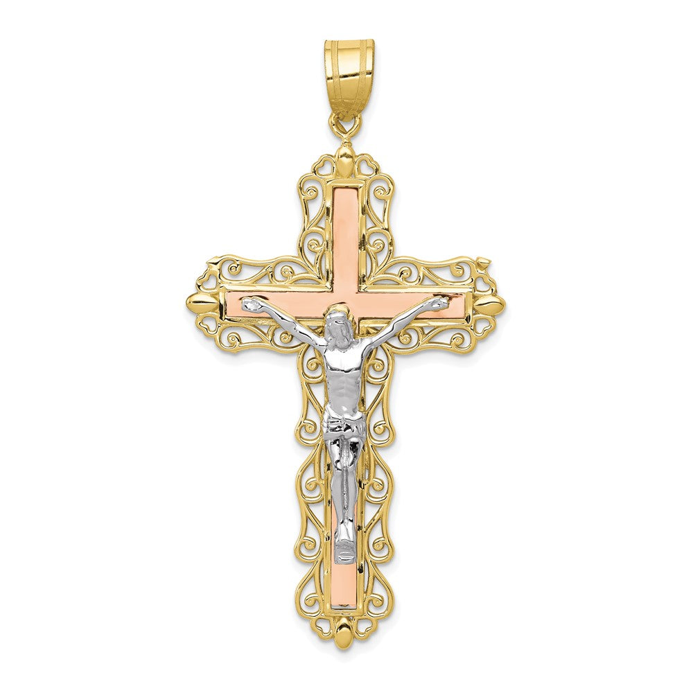 10K Tri Color 10K Tri-Color Diamond-Cut Crucifix Pendant