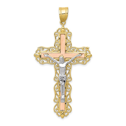 10K Tri Color 10K Tri-Color Diamond-Cut Crucifix Pendant