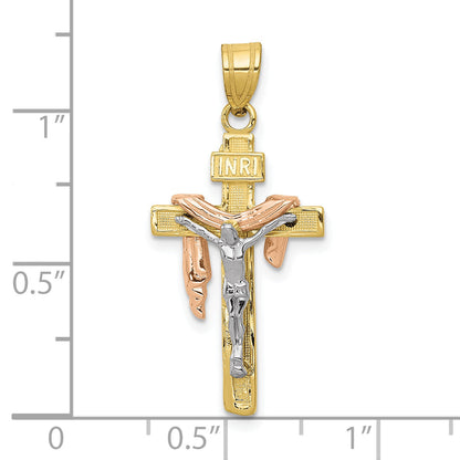10K Tri Color 10K Tri-Color Diamond-Cut Small Draped Inri Crucifix Pendant