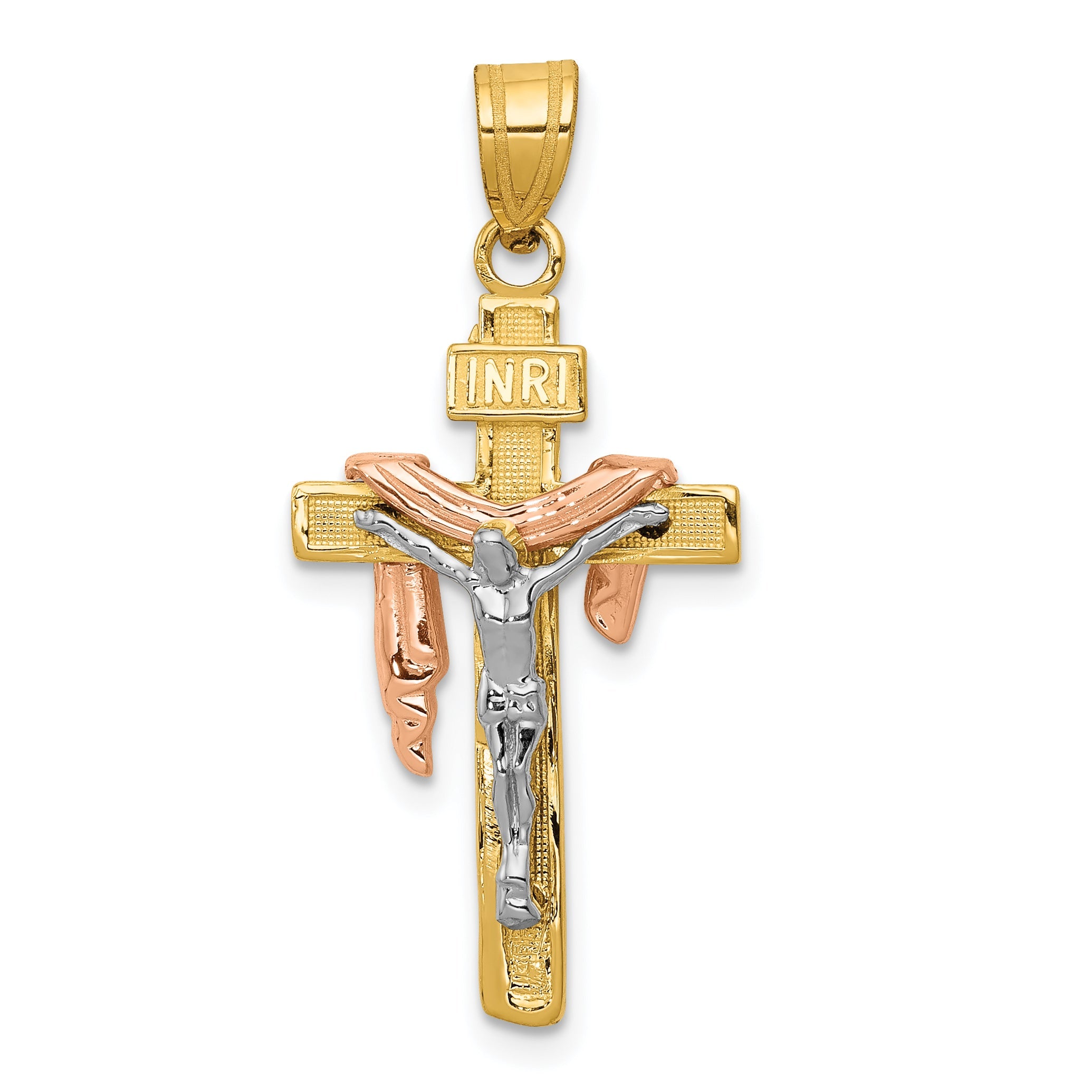 10K Tri Color 10K Tri-Color Diamond-Cut Small Draped Inri Crucifix Pendant