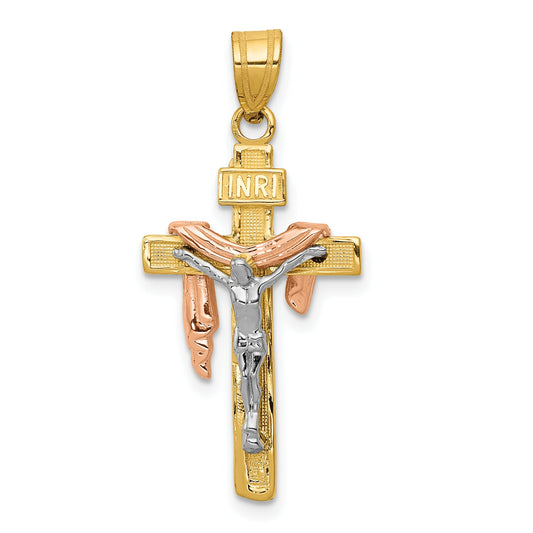 10K Tri Color 10K Tri-Color Diamond-Cut Small Draped Inri Crucifix Pendant