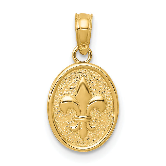 10K Yellow Gold Polished Small Fleur De Lis In Oval Pendant