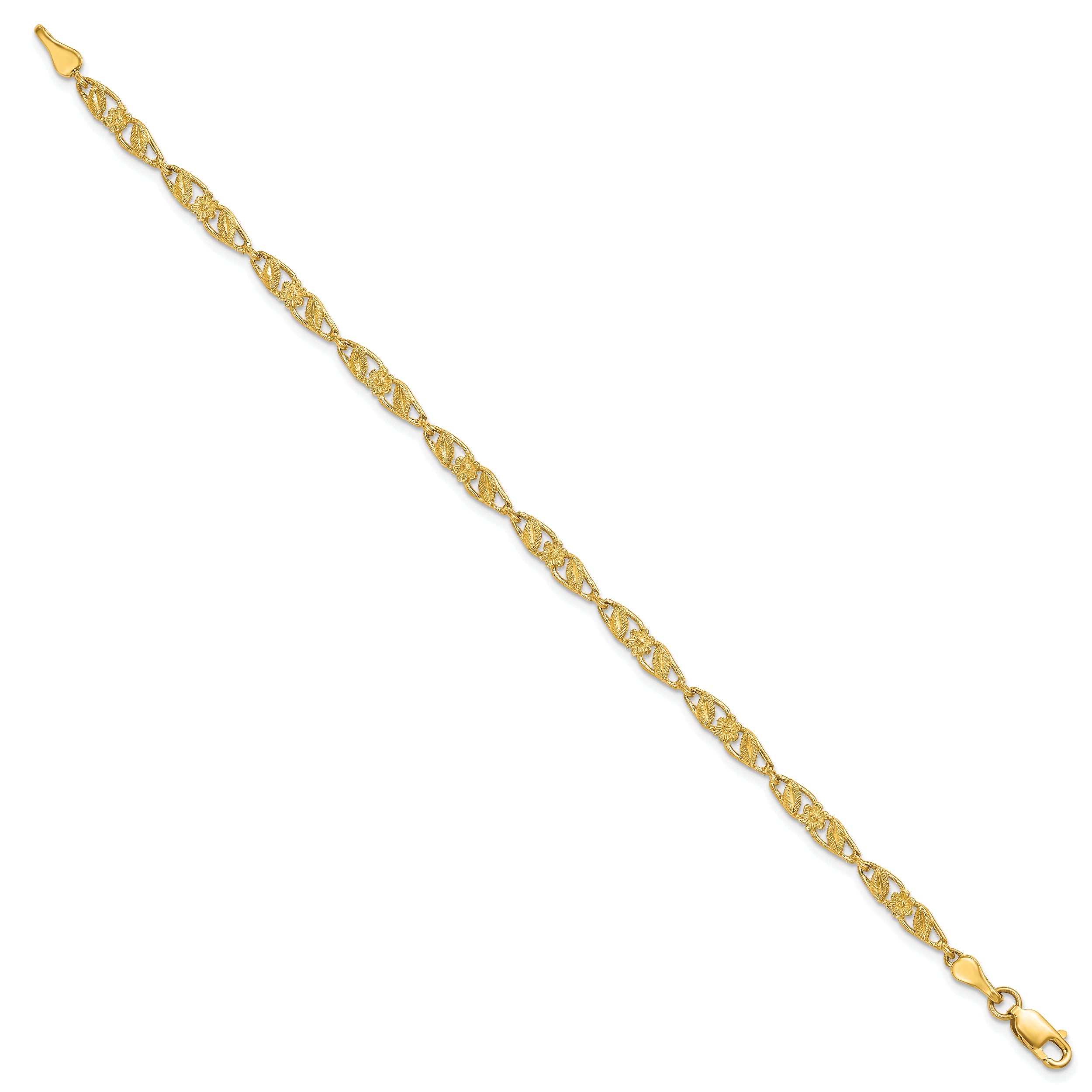 10K Yellow Gold Solid Polished Open Back Flower & Leaf Bracelet