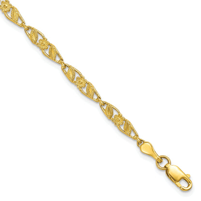 10K Yellow Gold Solid Polished Open Back Flower & Leaf Bracelet