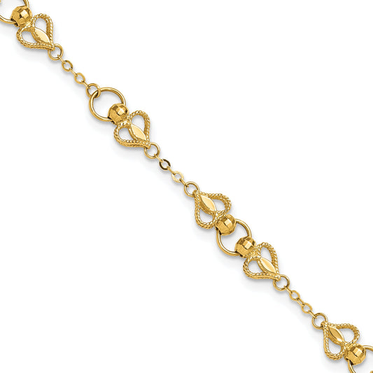 10K Yellow Gold Polished Heart 7.5In Bracelet